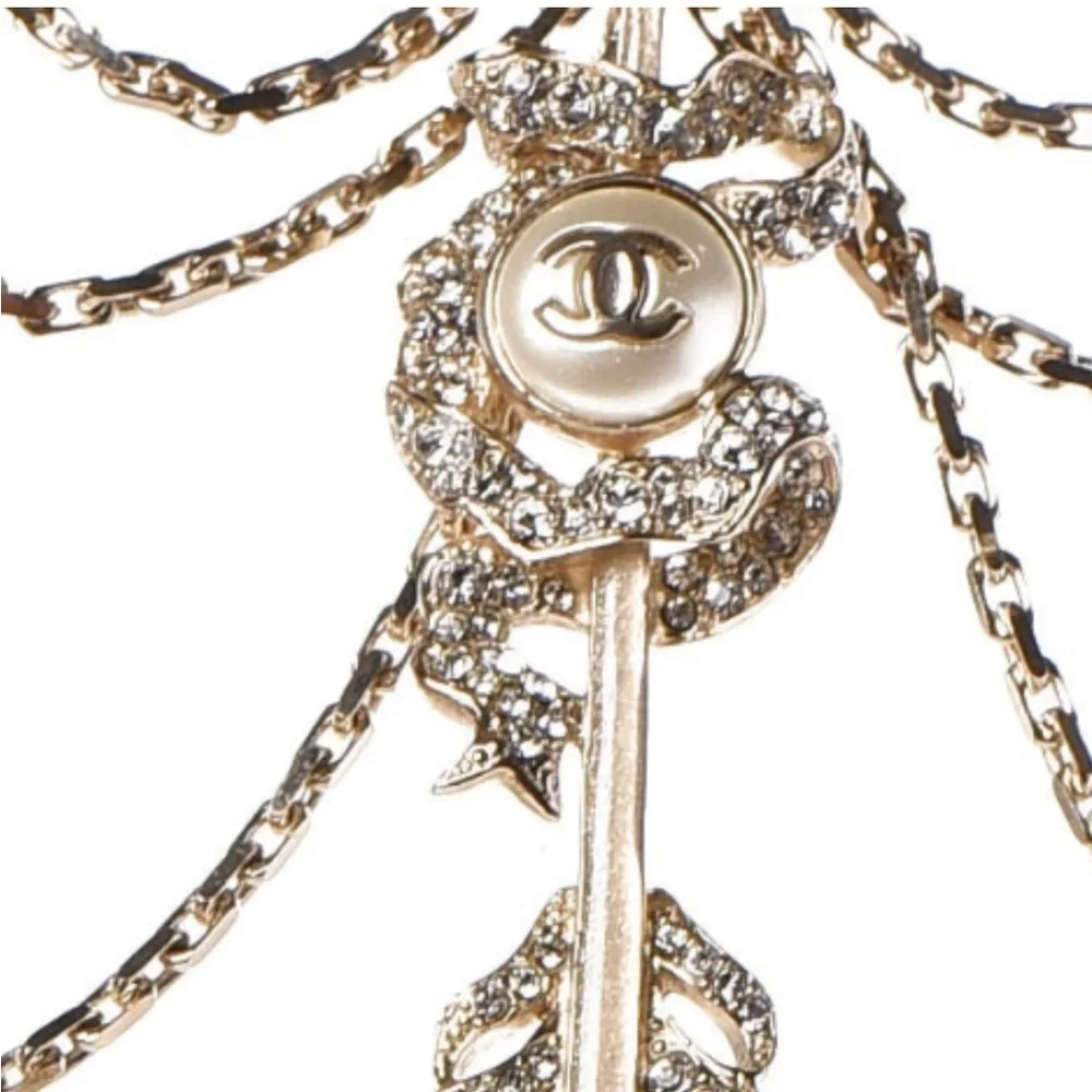 CHANEL Crystal Pearl Multi Strand Chain CC Arrow Necklace Gold - Picture 5 of 16